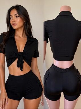 Black Tie-Front Crop Set